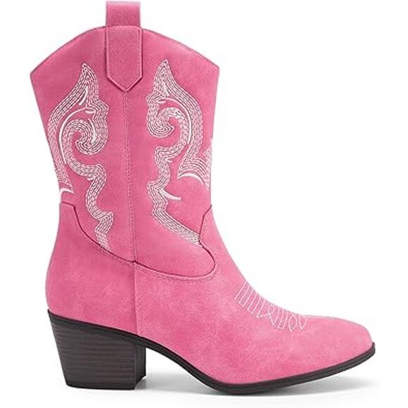 Dream Pairs Womens 8.5 Faux Pink Leather 2.25" Block Heel Mid Calf Cowboy Boots - Picture 2 of 8